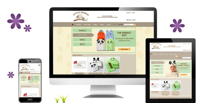 Responsive website design displayed on desktop, tablet, and smartphone screens with whimsical floral graphics surrounding the devices.