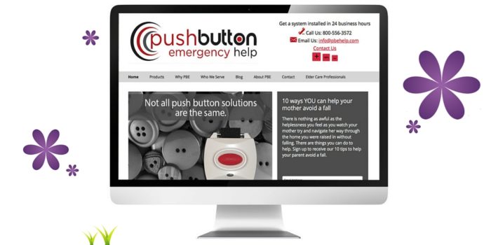 A computer monitor displaying a website for "pushbutton emergency help," which provides personal emergency response systems (pers) designed to aid individuals at the push of a button.