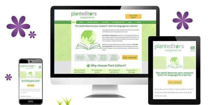 A display of a website called "planetedit·rs cooperative" viewed on multiple devices: a desktop monitor, a laptop, a tablet, and a smartphone, showcasing responsive web design that adapts to different screen sizes. the site has a green and purple color scheme with floral motifs and emphasizes research editing services to overcome language barriers.
