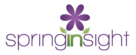 Logo of "springinsight" featuring a stylized purple flower above the 'i' in a modern sans-serif font with green sprouting leaves at the base, suggesting themes of growth, rejuvenation, and insight.