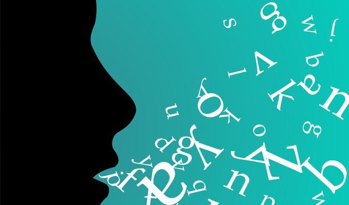silhouette of person's face with letters and words coming out of its mouth