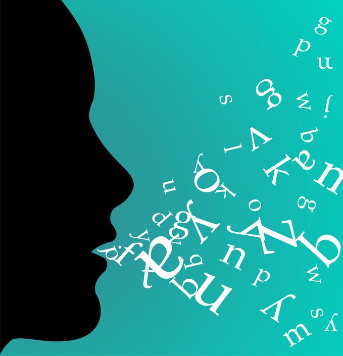 silhouette of person's face with letters and words coming out of its mouth