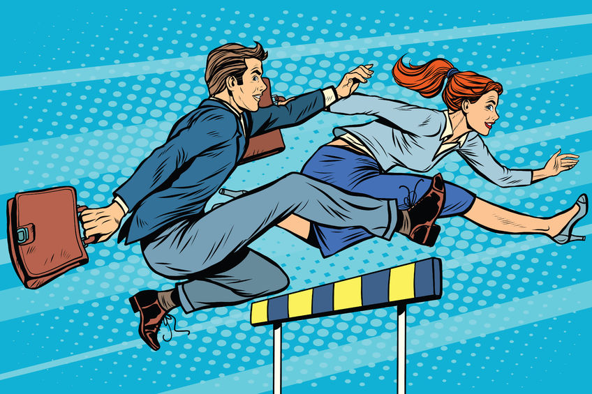 business competition woman and man running pop art retro style. running hurdles. sport and business