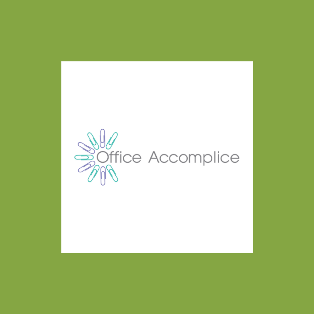 Logo of 'office accomplice' featuring a stylized graphic of interconnected hands, symbolizing teamwork and collaboration in a professional setting, set against a plain background.