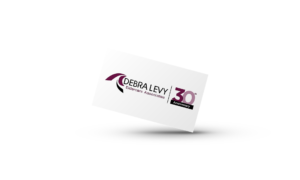 A clean and professional business card design featuring the Debra Levy Esthetics & Associates brand with a 30-year anniversary emblem, set against a white background with a slight shadow for a 3D effect