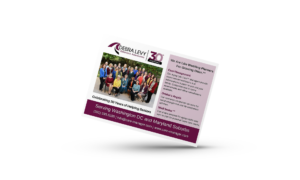 An angled view of a colorful flyer celebrating 30 years of service by the company, featuring a group photo of the team including Debra Levy, with information about an event including the date, location,