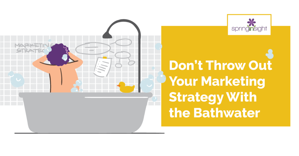 Cartoon of woman taking a bath while thinking about marketing strategy