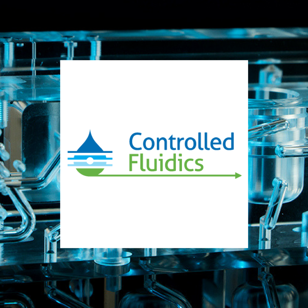 Controlled Fluidics Logo with plastic manifold behind it