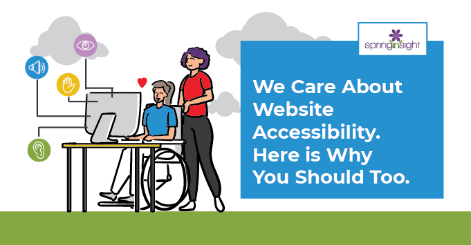 Professional standing with a businesswoman in a wheelchair, concept for website accessibility
