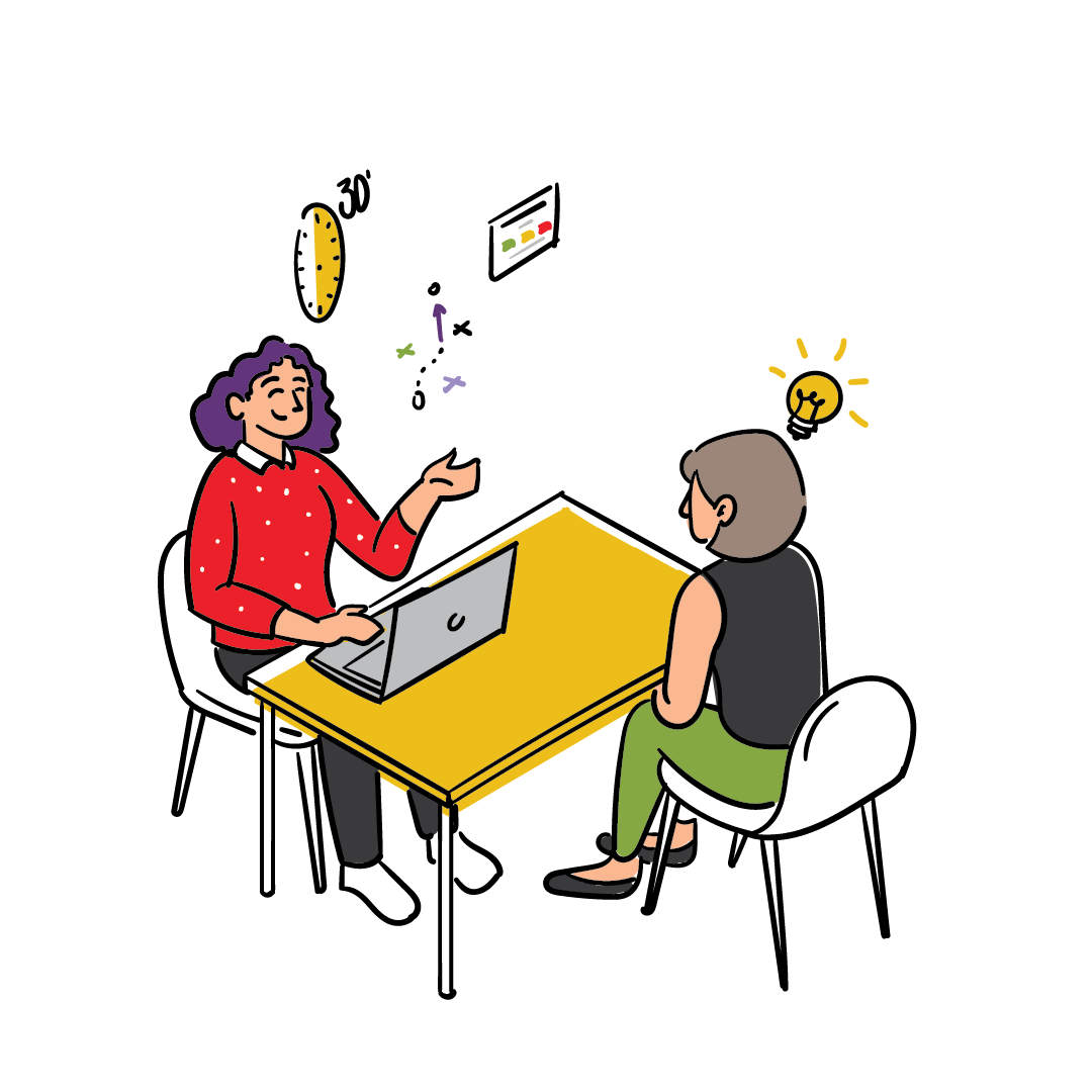 Spring Insight consultant with purple hair discussing marketing with a client at a desk