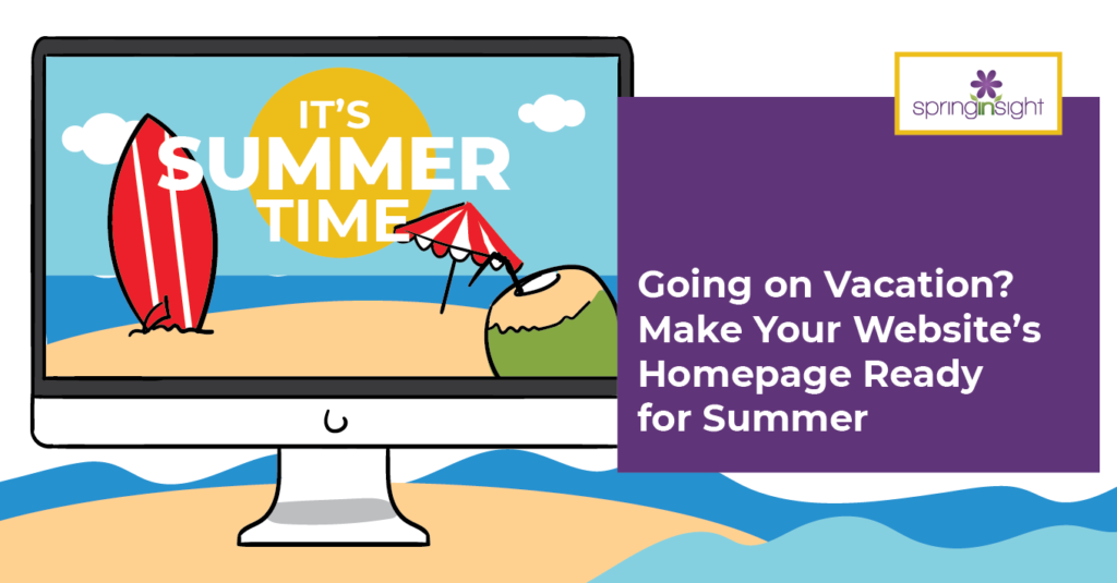Beach scene on a computer screen with an umbrella and coconut drink, concept for making your website summer-ready
