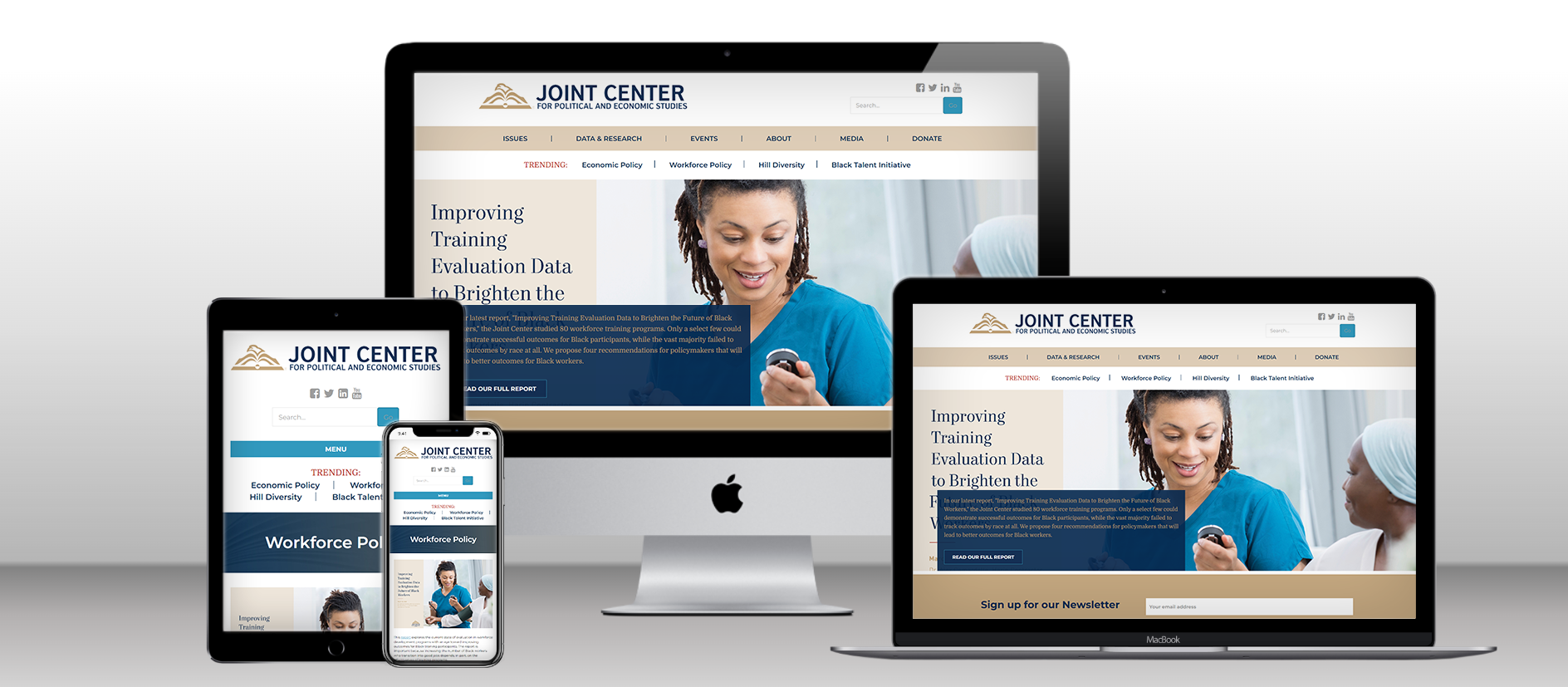 Mockup of Joint Center website on desktop, tablet, and mobile phone