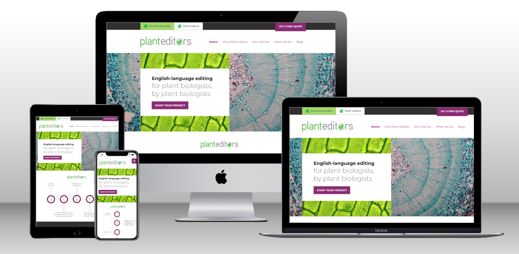 Mockup of Plant Editors website on desktop, laptop, tablet, and mobile