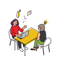 Two people engaged in a lively discussion at a desk with one person gesturing animatedly as ideas symbolized by lightbulb and music symbols float above, highlighting a creative brainstorming session.
