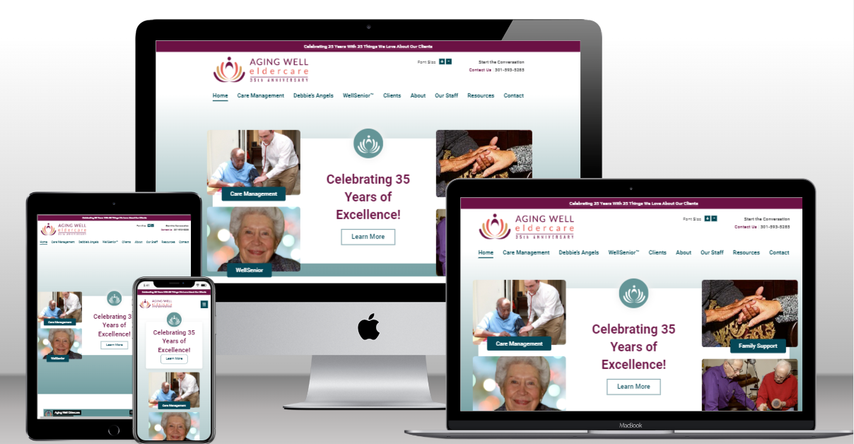 A multi-device display of a website called "Aging Well Eldercare" celebrating 35 years of excellence, featuring senior adults in various activities, viewed on smartphones, tablets, laptops, and a