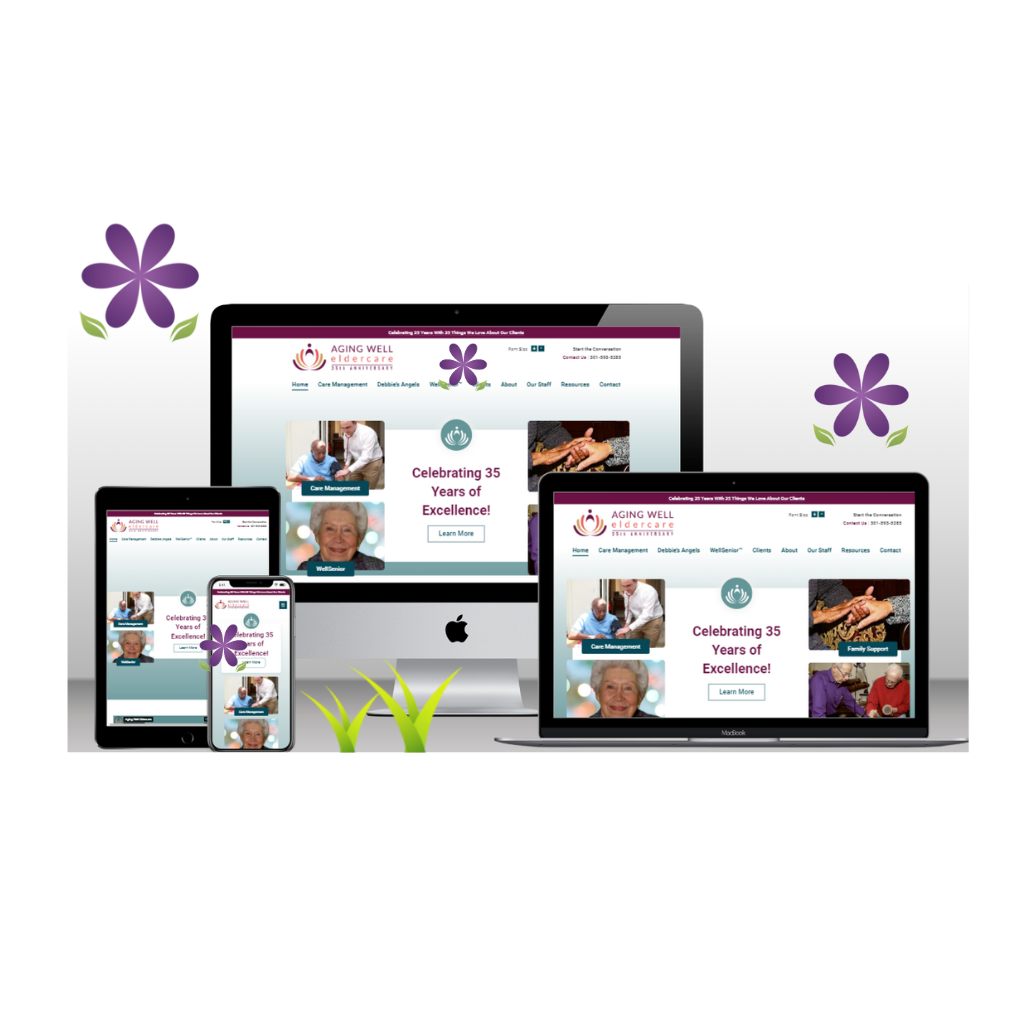 Digital devices displaying an Eldercare website, including a laptop, tablet, and smartphone, set against a transparent background with purple floral accents.
