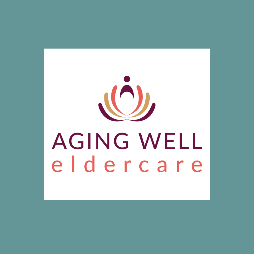 Logo of aging well eldercare featuring a stylized purple and beige lotus flower above the company's name in purple text, set against a soft teal background.