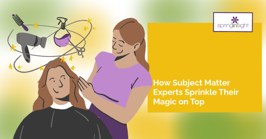 Hairstylist in purple shirt standing behind client with tools swirling above
