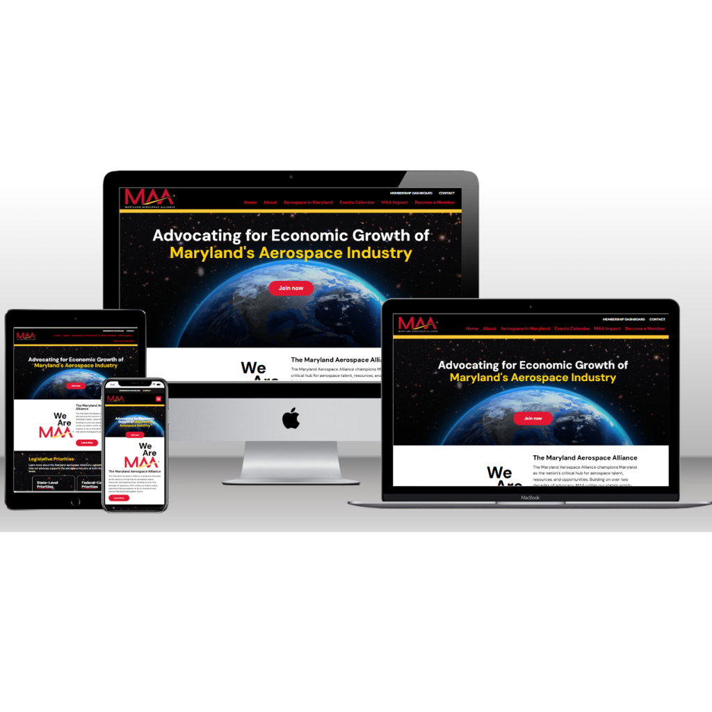 Four devices display the Maryland Aerospace Alliance homepage, featuring a globe image and the headline "Advocating for Economic Growth of Maryland’s Aerospace Industry," demonstrating innovative aerospace association website design.
